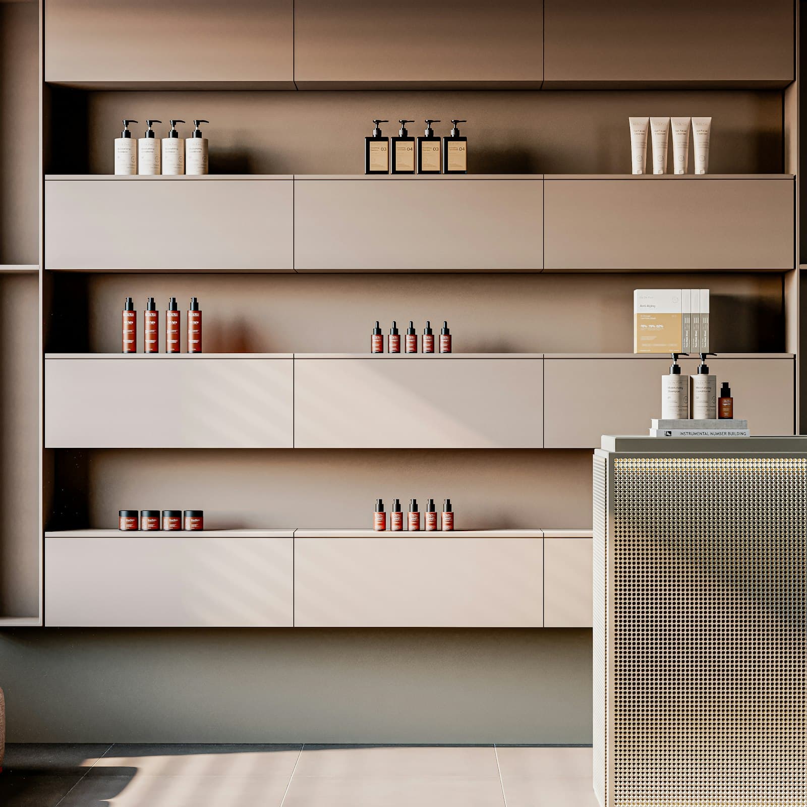 Warm, minimal retail shelving inside an aesthetic practice, the kind of environment the Momentum Operating System was built inside of