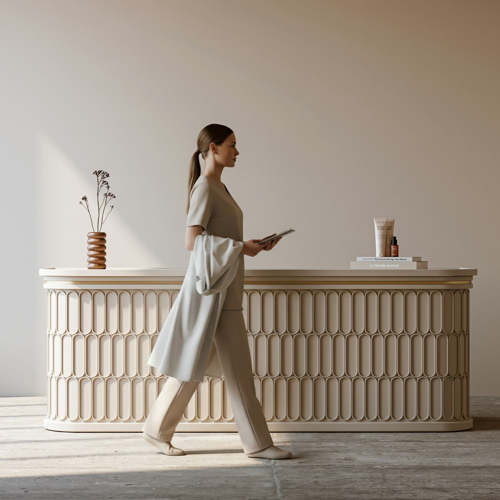 A calm, minimal reception area representative of the Astria Aesthetics location